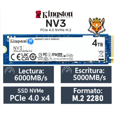 Kingston NV3 4TB Disco SSD 6000MB/s NVMe PCIe 4.0 M.2 Gen4 3D