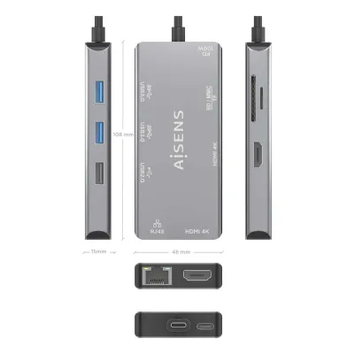 Docking USB Tipo-C Aisens ASUC-9P018-GR/ 2xHDMI/ 3xUSB/ 1xRJ45/ Docking USB Tipo-C Aisens ASUC-9P018-GR/ 2xHDMI/ 3xUSB/ 1xRJ45/
