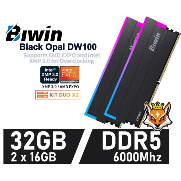 Biwin Black Opal DW100 RGB KIT 32GB DDR5 a 6000MHz CL30 1.35V XMP (2x16GB)
