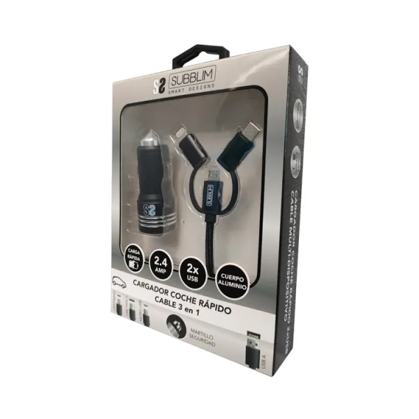 Subblim Cargador de Coche 2xUSB + Cable USB 3 en 1 Lightning/MicroUSB/USB-C Negro 