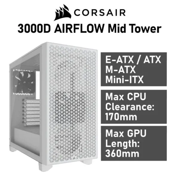 Corsair 3000D AIRFLOW Cristal Templado USB 3.0 Blanca