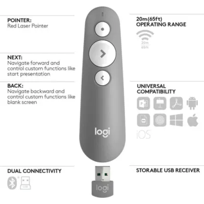 Logitech R500 Mando Inalámbrico Láser para Presentaciones Gris