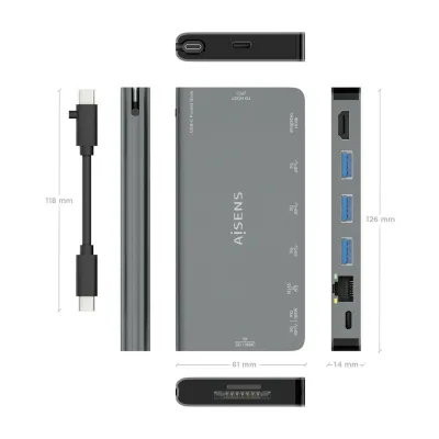 Docking USB Tipo-C Aisens ASUC-8P015-GR/ 1xHDMI/ 3xUSB/ 1xRJ45/