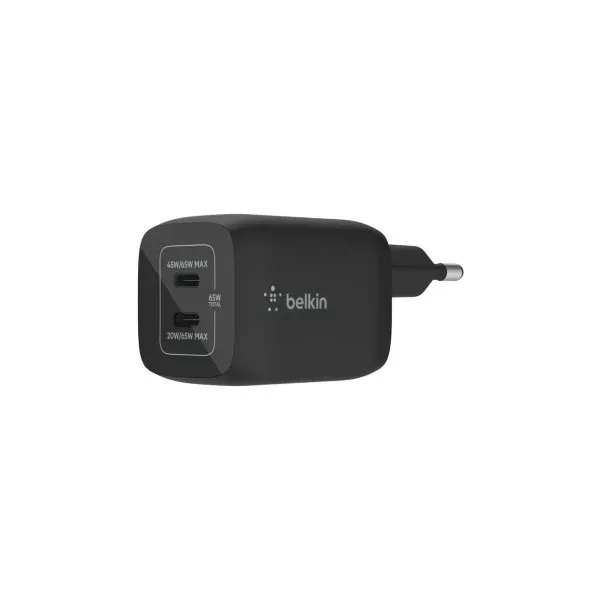 Cargador De Pared Belkin Wch013vfbk Doble Usb-c Gan Boost Charge Pro 65w (45w+20w) Negro