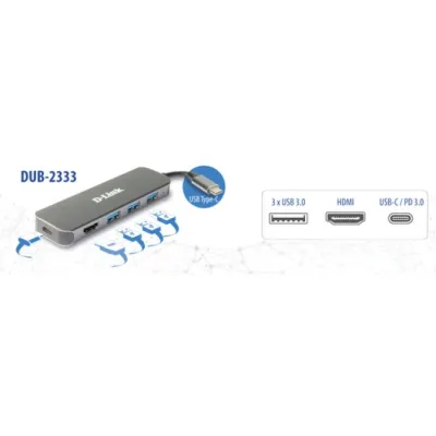 D-Link DUB-2333 HUB USB 5-in-1 con HDMI 60W Negro