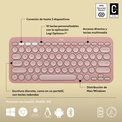 Logitech Pebble Keys 2 K380s Rosa Teclado Bluetooth Logitech Pebble Keys 2 K380s Rosa Teclado Bluetooth