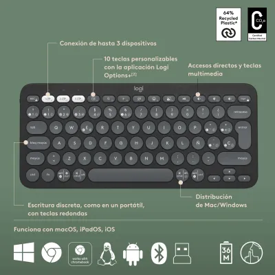 Logitech Pebble 2 Grafito Kit teclado y ratón Bluetooth+Logi Logitech Pebble 2 Grafito Kit teclado y ratón Bluetooth+Logi