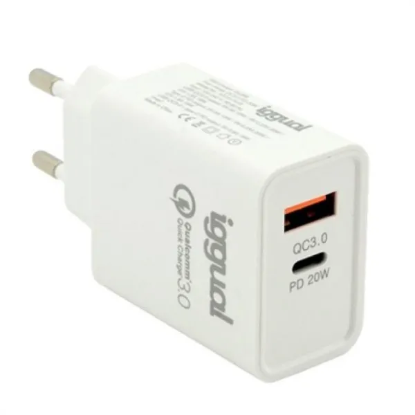 Iggual Cargador Doble USB Quickcharge 3.0 + Tipo-C PD 20W 