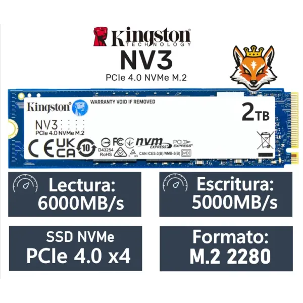 Kingston NV3 2TB Disco SSD 6000MB/s NVMe PCIe 4.0 M.2 Gen4 3D NAND