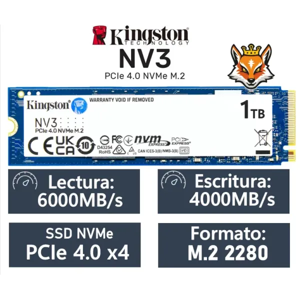 Kingston NV3 1TB Disco SSD 6000MB/s NVMe PCIe 4.0 M.2 Gen4 3D NAND