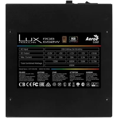 Aerocool LUX 650M RGB 650W Bronze Semi-Modular Aerocool LUX 650M RGB 650W Bronze Semi-Modular