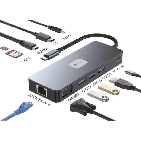 Leotec LEDS03 Docking Station 11 en1 Plus USB-C PD 100W / HDMI 4K / VGA / DP / USB 3.2 / RJ 45 / MSD