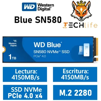 Disco Duro WD Blue SN580 1TB Disco SSD 4150MB/S NVMe PCIe 4.0