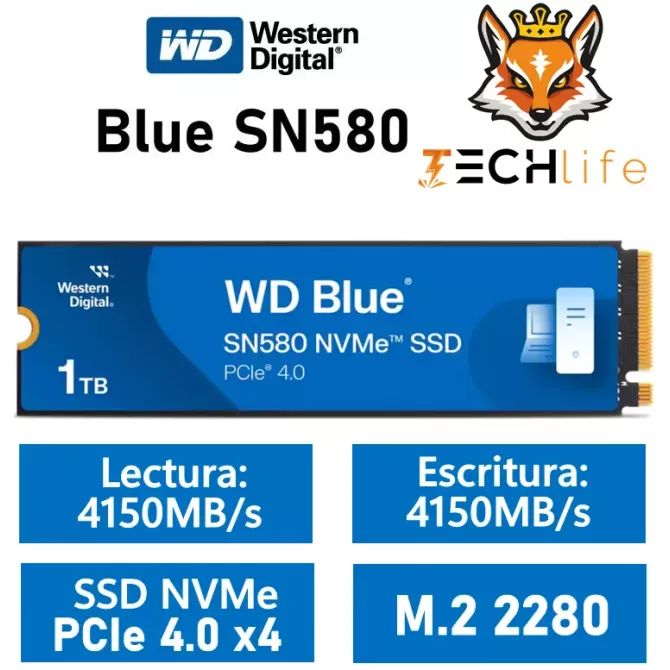 Western Digital WD Blue SN580 1TB Disco SSD 4150MB/S NVMe PCIe