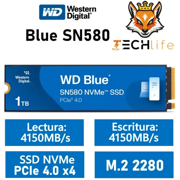 Disco Duro WD Blue SN580 1TB Disco SSD 4150MB/S NVMe PCIe 4.0 M.2 Gen4 16GT/s