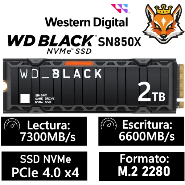 Disco Duro WD Black SN850X 2TB Disco SSD 7300MB/S con Disipador NVMe PCIe 4.0 M.2 Gen4 16GT/s