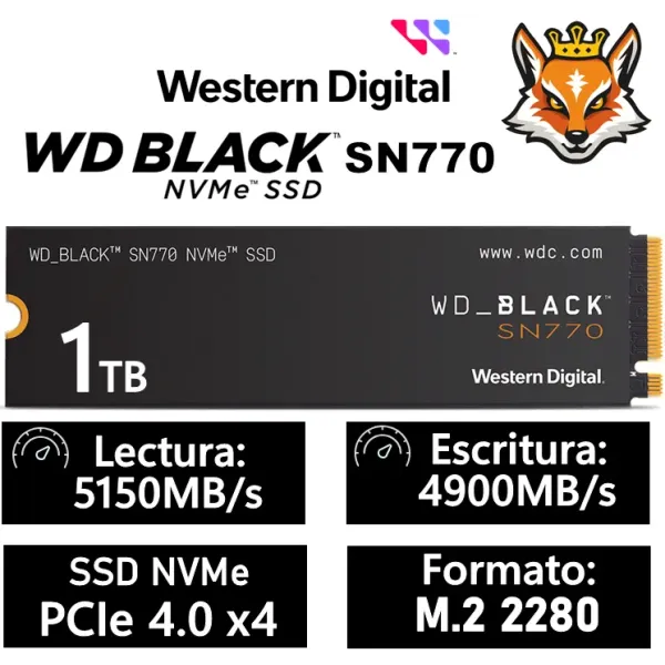 Disco Duro WD Black SN770 1TB Disco SSD 5150MB/S NVMe PCIe 4.0 M.2 Gen4 16GT/s