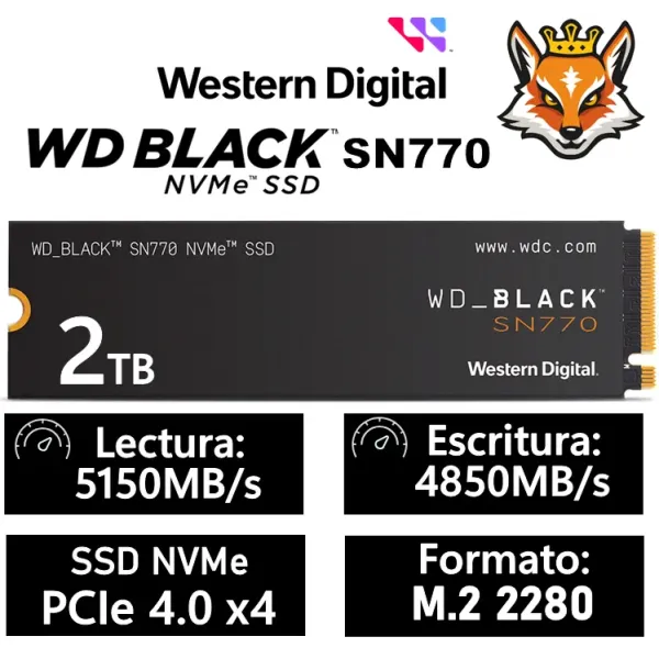 Disco Duro WD Black SN770 2TB Disco SSD 5150MB/S NVMe PCIe 4.0 M.2 Gen4 16GT/s