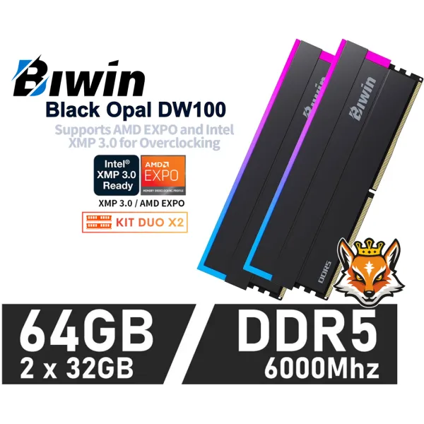 Biwin Black Opal DW100 RGB KIT 64GB DDR5 a 6000MHz CL30 1.35V XMP (2x32GB)
