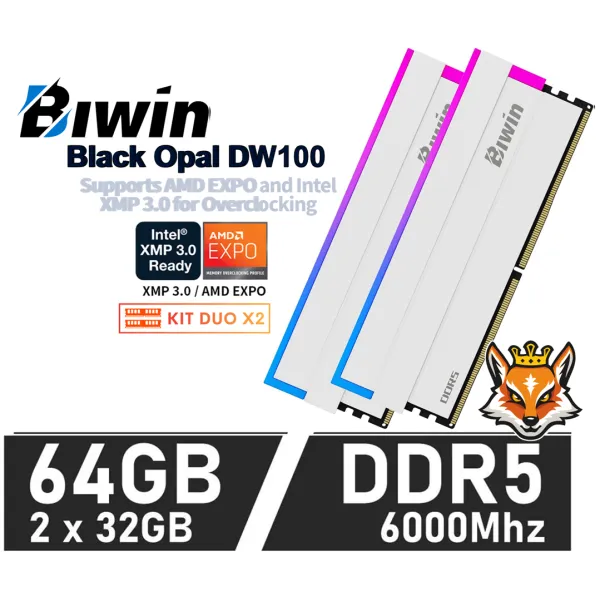 Biwin Black Opal DW100 WHITE RGB KIT 64GB DDR5 a 6000MHz CL30 1.35V XMP (2x32GB)