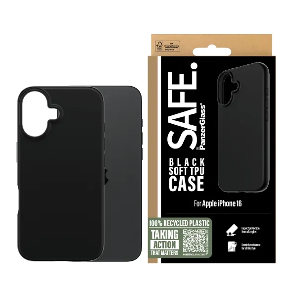 PanzerGlass SAFE Funda TPU Negra para Apple iPhone 16 suave,rigida y fina
