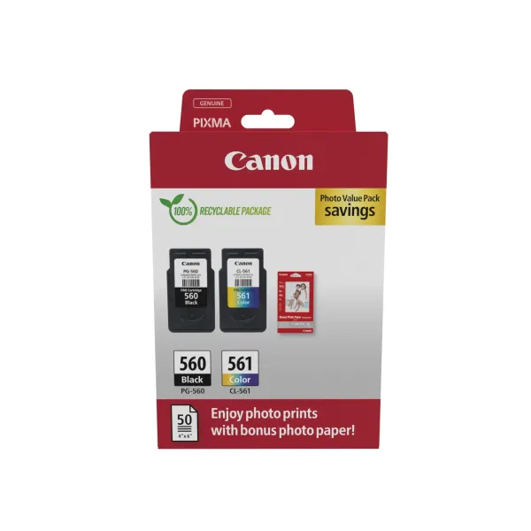Cartucho de Tinta Original Canon PG-560 + CL-561 Multipack/ Negro/ Tricolor + Papel Fotográfico