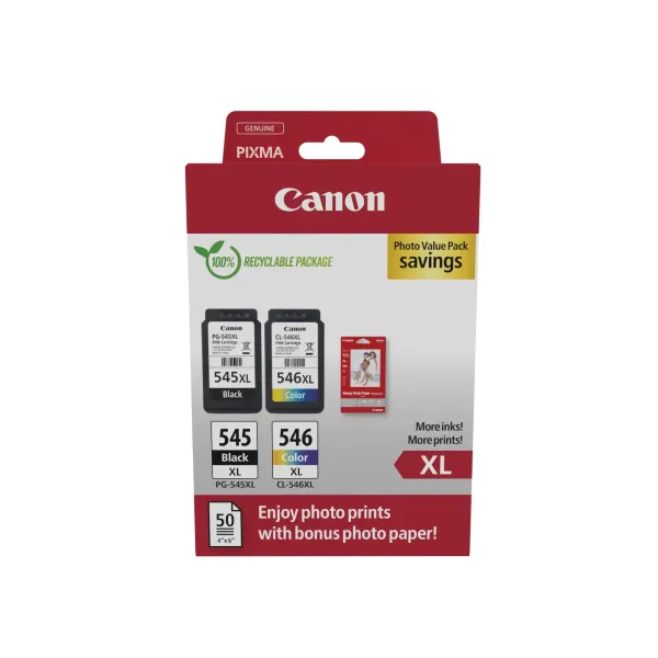 Cartucho de Tinta Original Canon PG-545XL + CL546XL Multipack Alta Capacidad/ Negro/ Tricolor + Papel Fotográfico