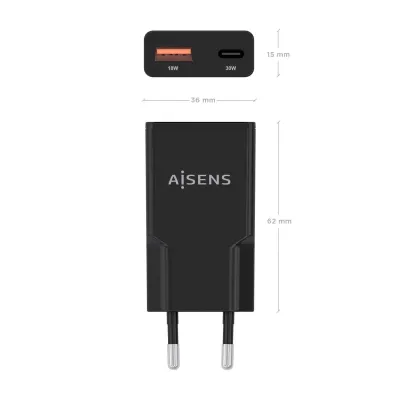 AISENS ASCH-30W2P047-BK Cargador GaN Doble x2 USB-C + USB-A 30W