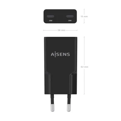 AISENS ASCH-30W2P049-BK Cargador GaN Doble x2 USB-C 30W Negro