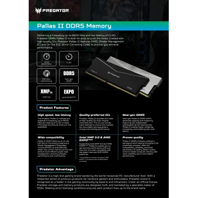 Acer Predator Pallas II Black KIT 32GB DDR5 a 6000MHz CL34 1.3v Acer Predator Pallas II Black KIT 32GB DDR5 a 6000MHz CL34 1.3v