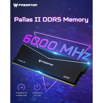 Acer Predator Pallas II Black KIT 32GB DDR5 a 6000MHz CL34 1.3v Acer Predator Pallas II Black KIT 32GB DDR5 a 6000MHz CL34 1.3v