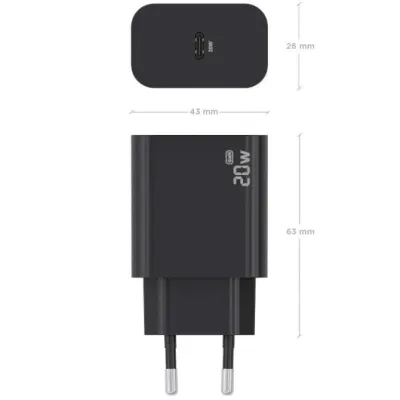 Cargador de Pared GaN Aisens A110-0939/ 1xUSB Tipo-C/ 20W/ Negro
