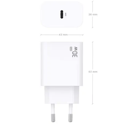 Cargador de Pared GaN Aisens A110-0940/ 1xUSB Tipo-C/ 30W/