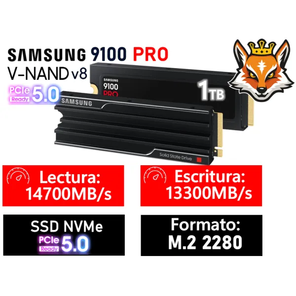 Samsung 9100 PRO con Disipador 1TB SSD M.2 PCIe 5.0 x4 NVMe 2.0 a 14700 MB/s