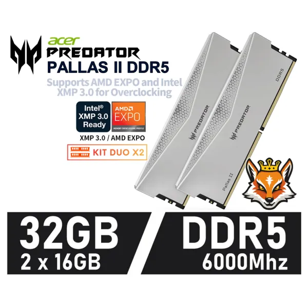 Acer Predator Pallas II Silver KIT 32GB DDR5 a 6000MHz 32GB CL34 1.35v (2x16GB)