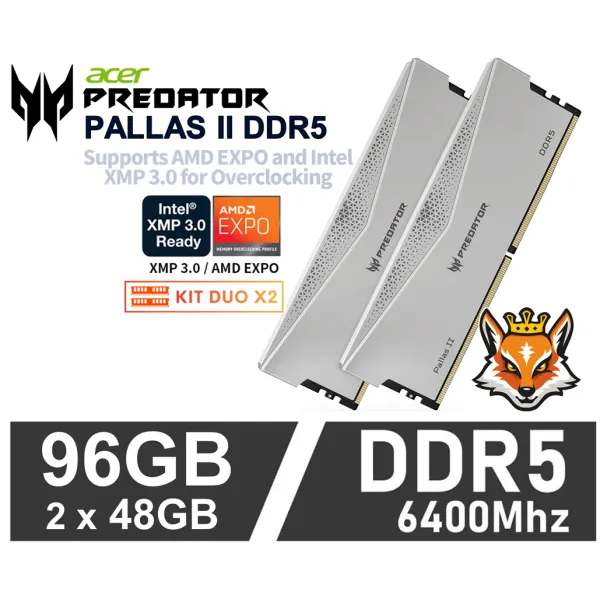 Acer Predator Pallas II Silver KIT 96GB DDR5 a 6400MHz CL32 1.35v XMP 3.0 (2x48GB)