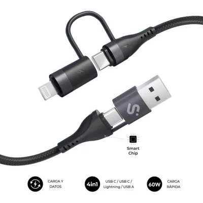 Cable Top 4 En 1 60w Usb-a/2xusb-c/lightning 1 M Negro Subblim