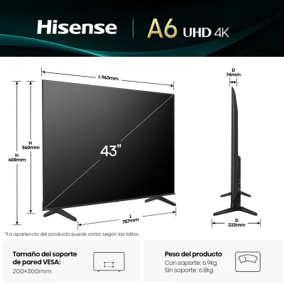 Hisense Serie A6Q TV 4K 43A6Q 43" UHD VIDAA WiFi, Smart TV Hisense Serie A6Q TV 4K 43A6Q 43" UHD VIDAA WiFi, Smart TV