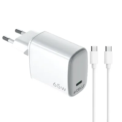 Celly Cargador 65W con USB-C Ultra rapido tecnología GaN, cable