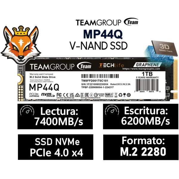 TeamGroup MP44Q SSD 1TB NVMe PCIe 4.0 x4 a 7400/6200MB/s disipador