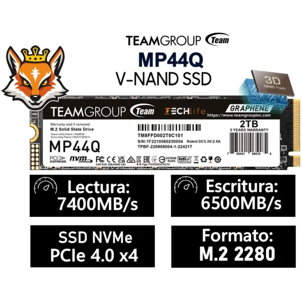 TeamGroup MP44Q SSD 2TB NVMe PCIe 4.0 x4 a 7400/6500MB/s disipador
