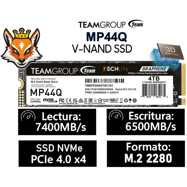 TeamGroup MP44Q SSD 4TB NVMe PCIe 4.0 x4 a 7400/6500MB/s disipador