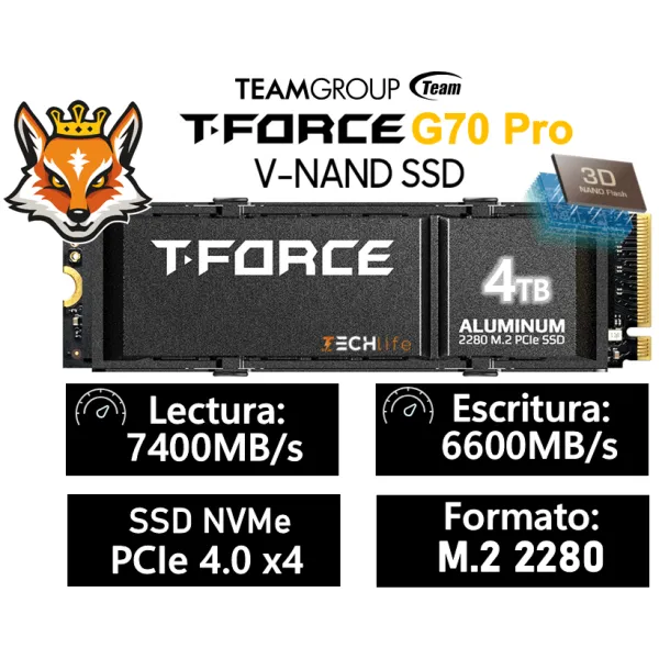 TeamGroup T-Force G70 PRO SSD 4TB NVMe PCIe 4.0 x4 a 7400/6600MB/s disipador Aluminio