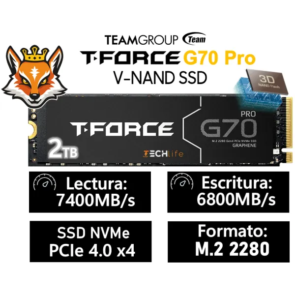 TeamGroup T-Force G70 PRO SSD 2TB disipador Grafeno NVMe PCIe 4.0 x4 a 7400/6800MB/s 