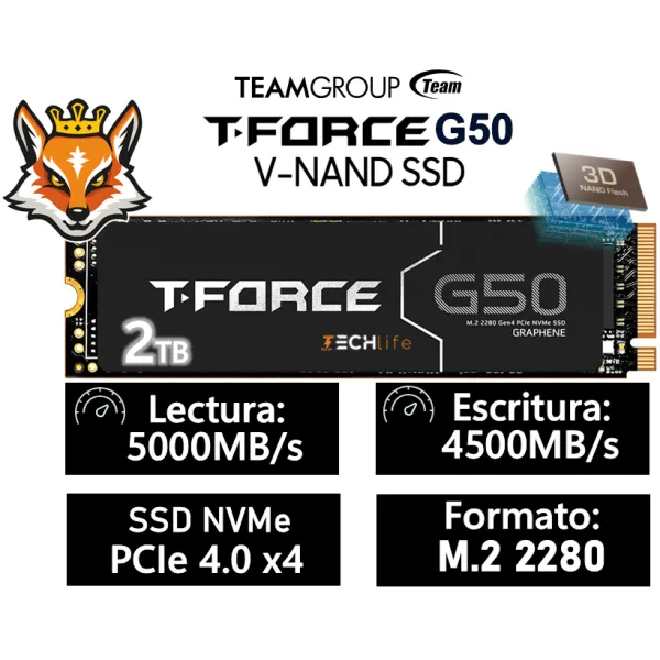 TeamGroup T-Force G50 SSD 2TB NVMe PCIe 4.0 x4 a 5000/4500MB/s disipador
