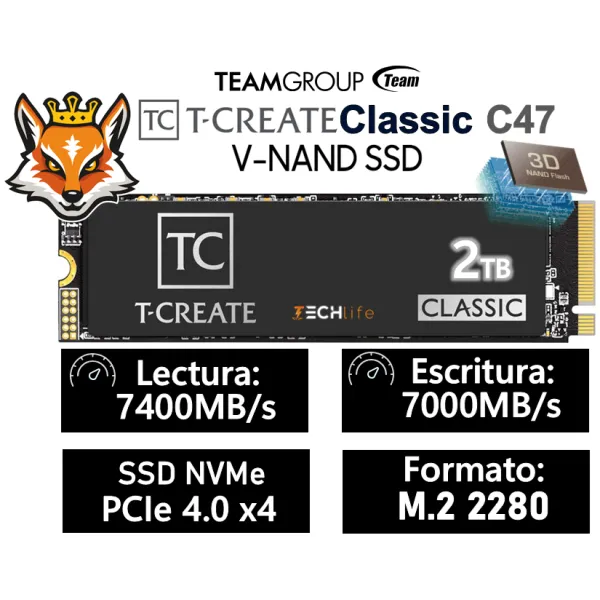TeamGroup T-Create Classic C47 SSD 2TB NVMe PCIe 4.0 x4 a 7400/7000MB/s disipador