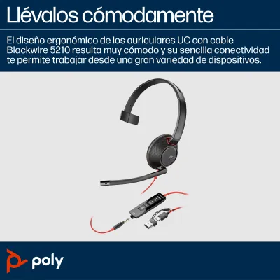 HP Auricular Poly Blackwire 5210 + 3.5 mm + Adaptador USB-C/A/ HP Auricular Poly Blackwire 5210 + 3.5 mm + Adaptador USB-C/A/