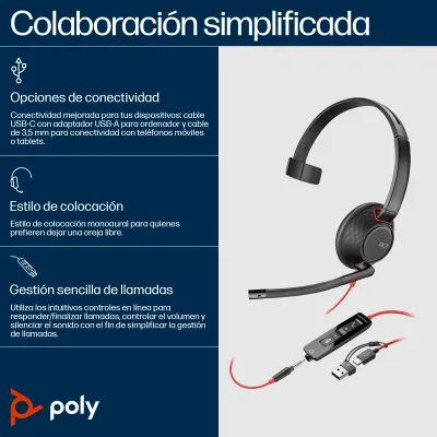 HP Auricular Poly Blackwire 5210 + 3.5 mm + Adaptador USB-C/A/ HP Auricular Poly Blackwire 5210 + 3.5 mm + Adaptador USB-C/A/