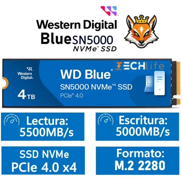 Disco Duro WD Blue SN5000 4TB Disco SSD M.2 PCIe 4.0 NVMe Gen4