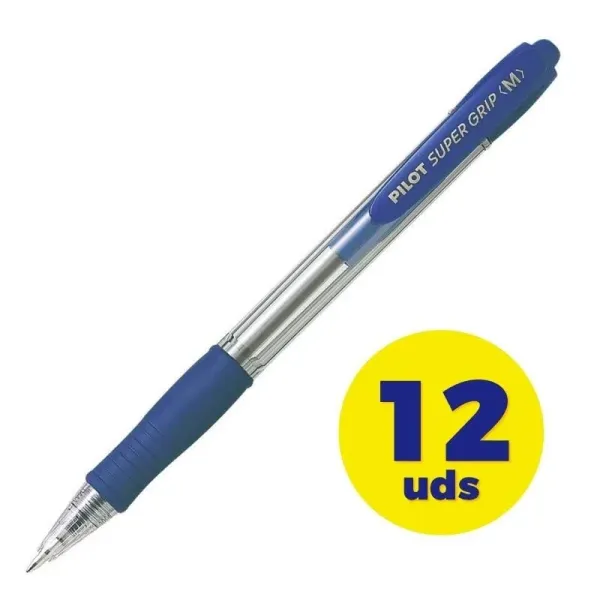 Pilot Super Grip M Caja 12 Bolígrafos Retráctiles Tinta de Aceite Azules